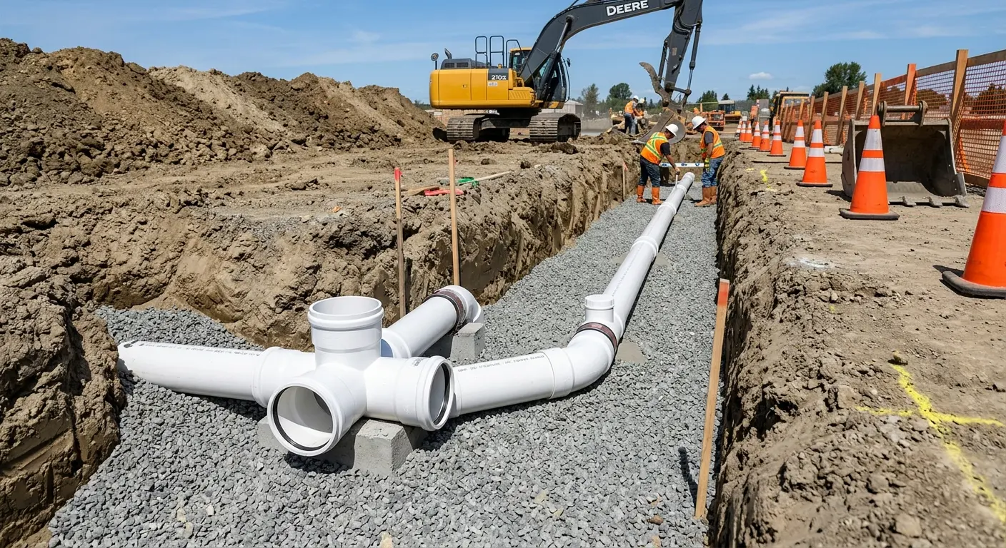 New PVC sewer pipe installation in open trench for Sewer Backup in Williams