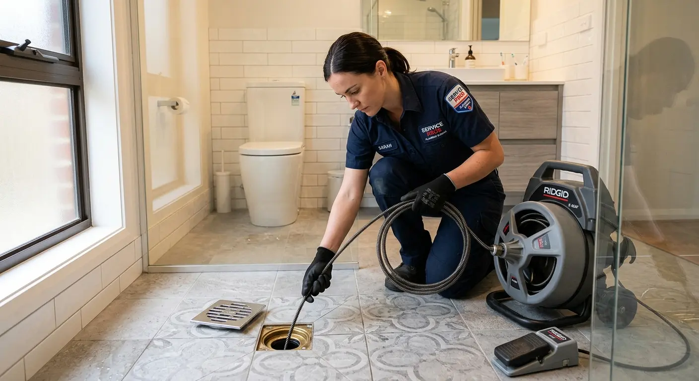 Technician clearing a bathroom floor drain for Drain Cleaning in Williams